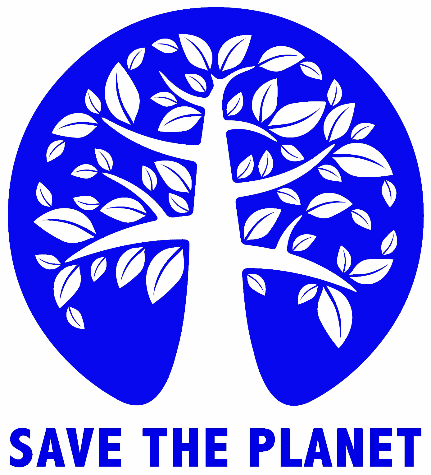 Save the Planet logo in bright light green. Features a white tree on a blue circle - i.e. the planet earth, the tree symbolising life