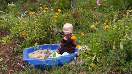 Lucian sitting in shell sand pit in the garden